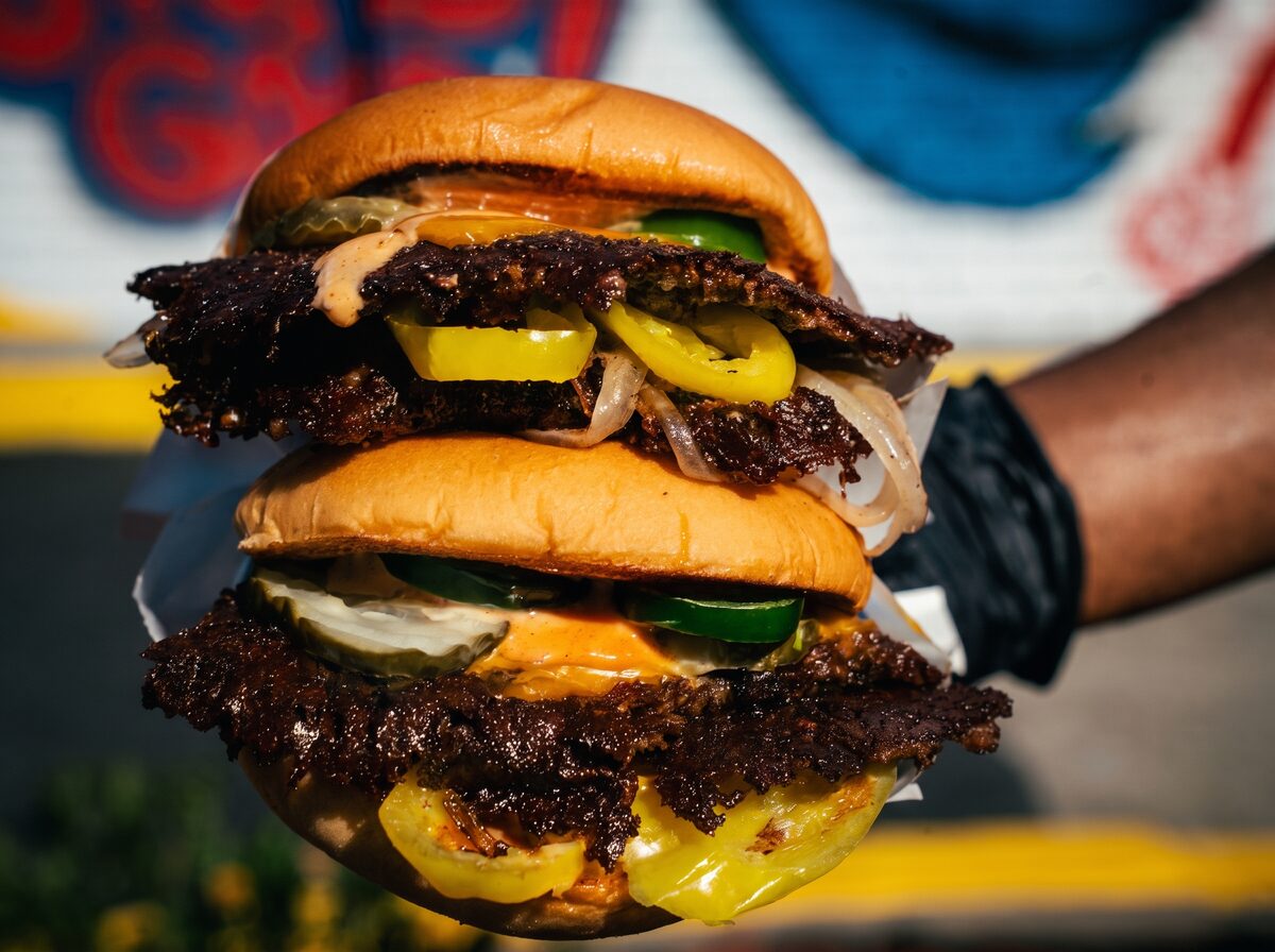 Burnout Burger doubles with jalapeños and banana peppers